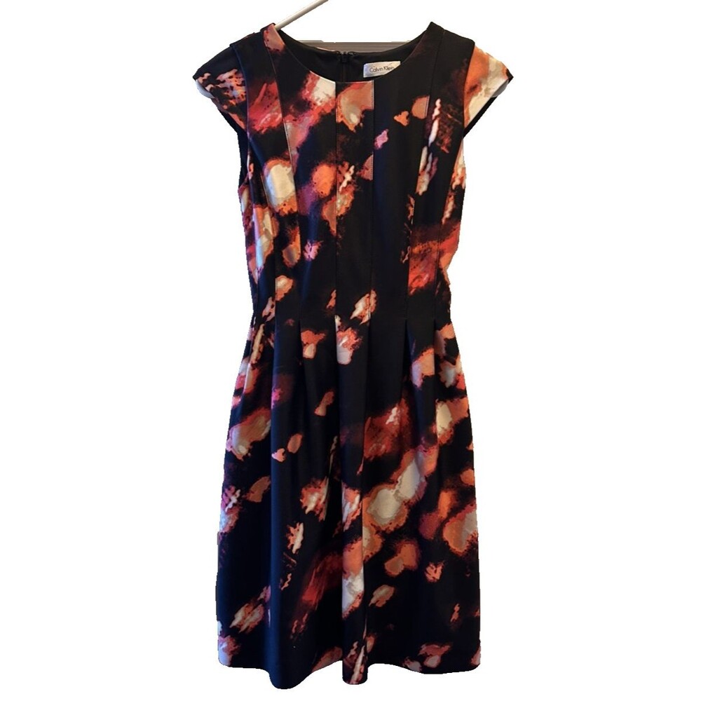 Calvin Klein Black Red White Abstract Pleated A-Line Dress 26" Pit-Pit/22" waist